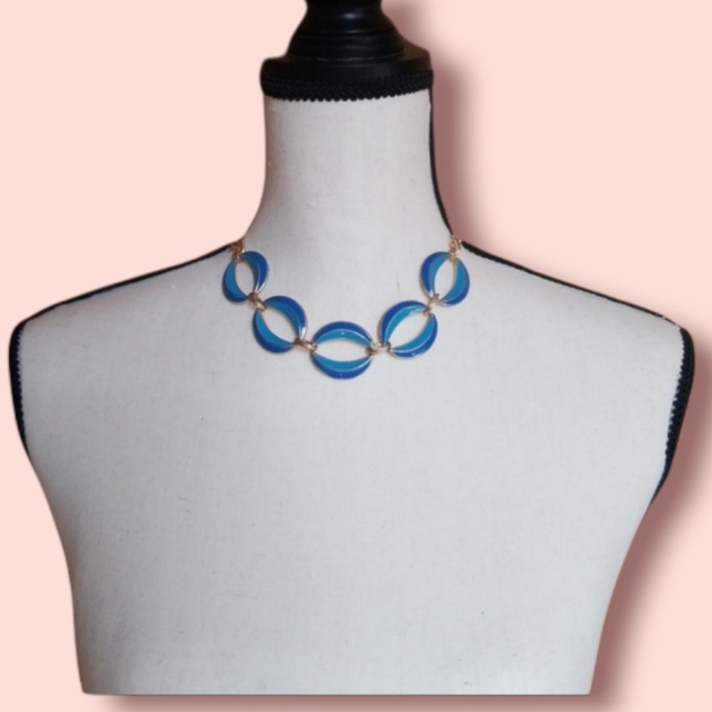 Vintage Mid Century Blue Enamel Goldtone Trim Statement Necklace - Picture 2 of 13